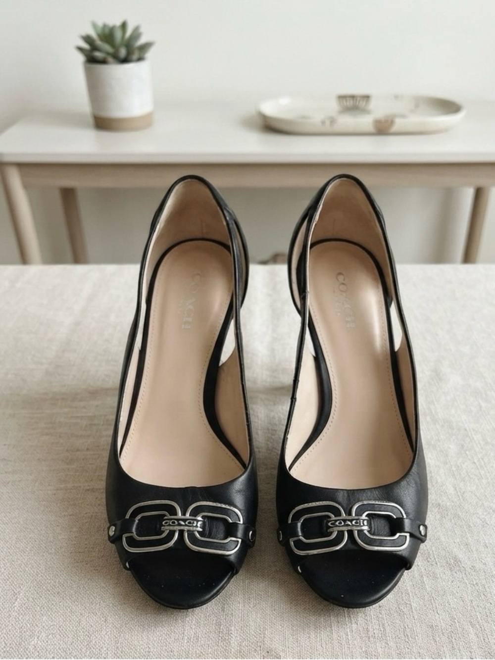 Coach Black Leather Wedge Peep-Toe Sandals with Silver Hardware size 9